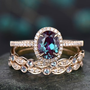 Vintage Alexandrite engagement ring set art deco yellow gold ring halo moissanite ring set marquise ring setting bridal wedding ring set