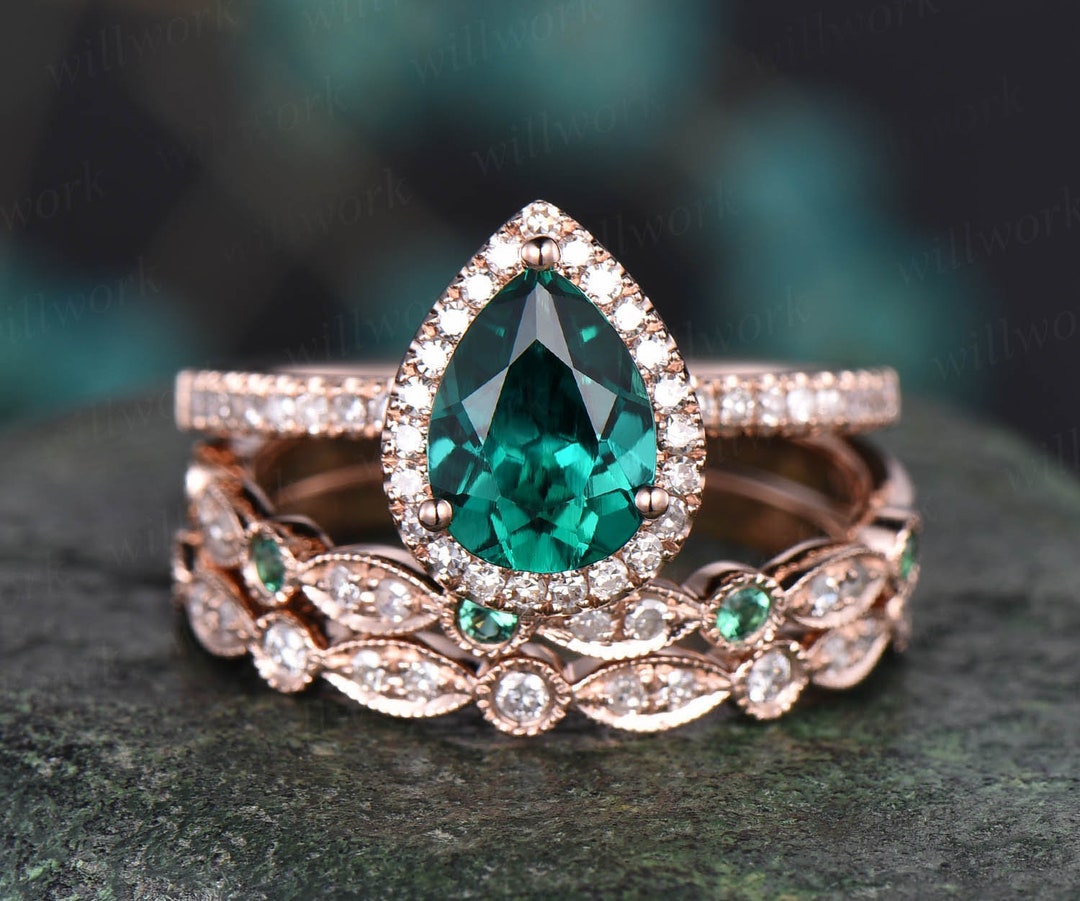 3pcs Emerald Engagement Ring Set White Gold Vintage Natural Emerald ...