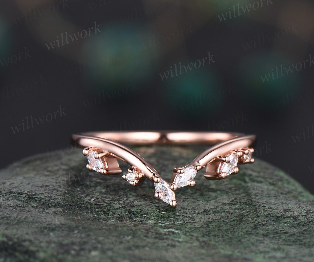 Curved Art Deco Diamond Wedding Band Solid 14k Rose Gold Cluster ...
