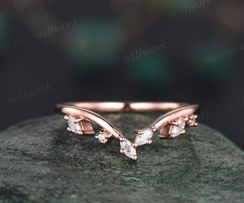 Curved art deco diamond wedding band solid 14k rose gold cluster marquise cut moissanite wedding ring band vintage women anniversary gift image 1