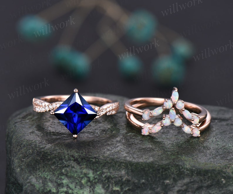Princess Cut Sapphire Engagement Ring Set Vintage Opal Ring - Etsy