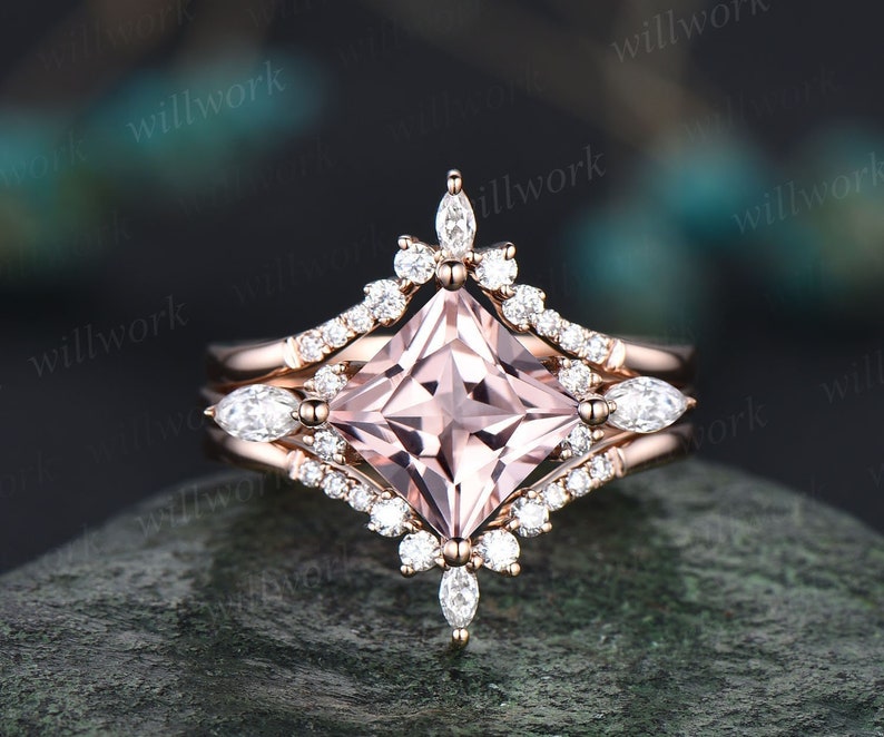 Vintage princess cut morganite engagement ring set rose gold 3pc ring set