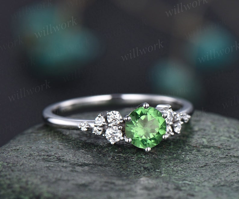 0.5ct Natural Tsavorite ring round cut Tsavorite engagement ring white gold snowdrift diamond ring 6 prong dainty unique wedding ring women image 1