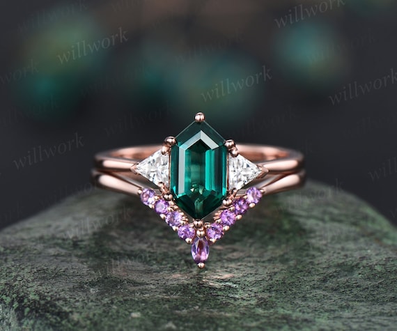 Amethyst emerald ring set women vintage three stone engagement ring set  solid 14k rose gold prong moissanite promise ring set her gifts
