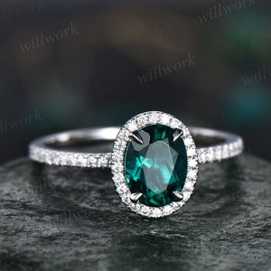 Emerald ring vintage unique oval emerald engagement ring set rose gold halo diamond ring for women marquise milgrain wedding ring set band image 10