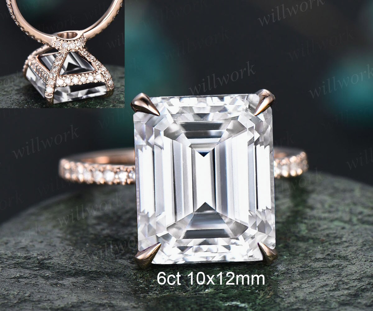 6ct 10x12mm Emerald Cut Moissanite Engagement Ring 14k Rose Gold