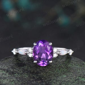 Oval cut purple amethyst opal ring vintage half eternity unique engagement ring anniversary wedding ring gift