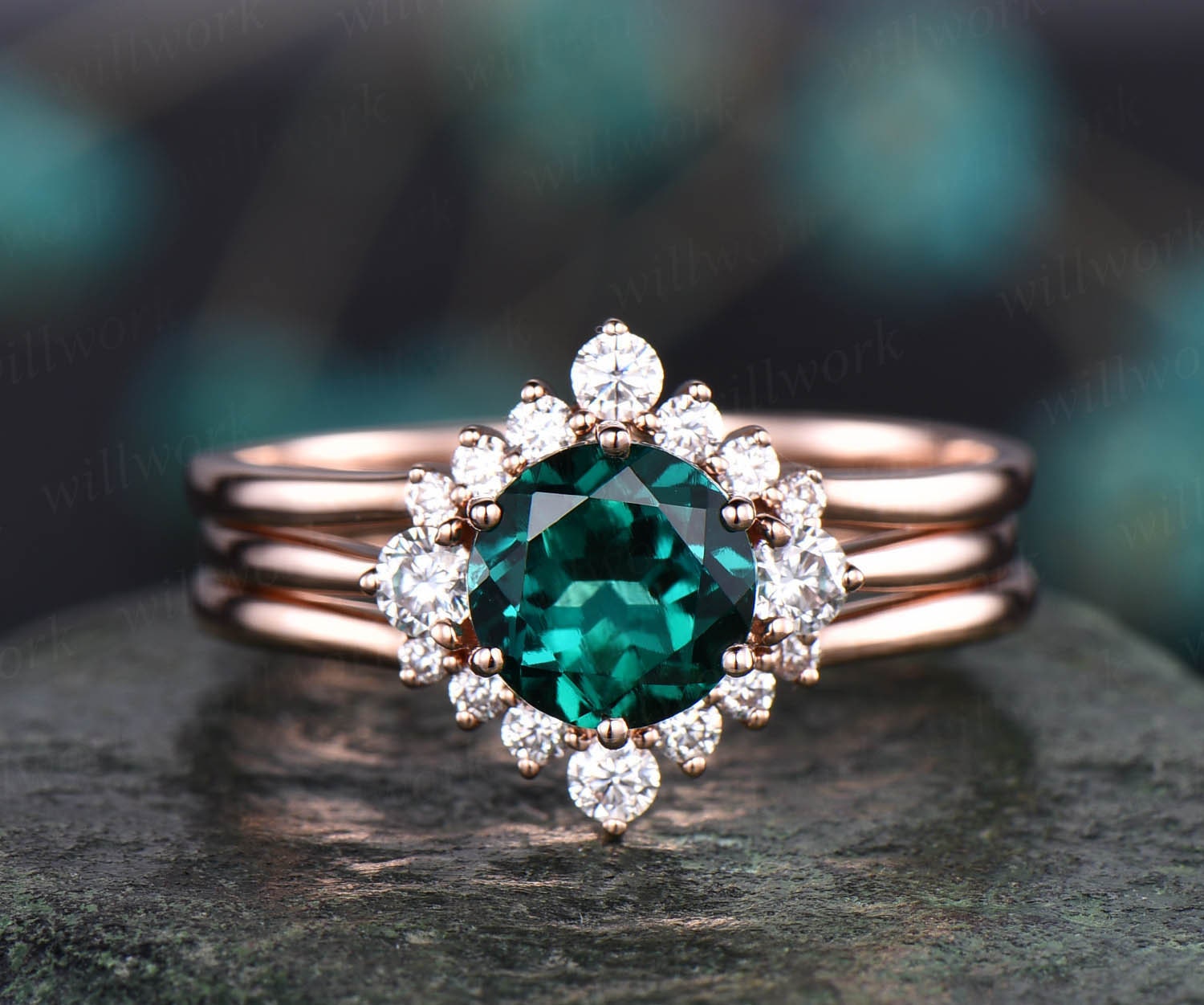 3pc emerald engagement ring set solid 14k rose gold moissanite | Etsy