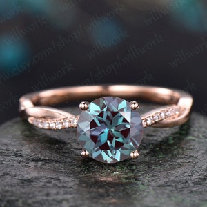 7mm round cut Alexandrite engagement ring solid 14k rose gold twisted real diamond ring Alexandrite ring vintage bridal wedding promise ring