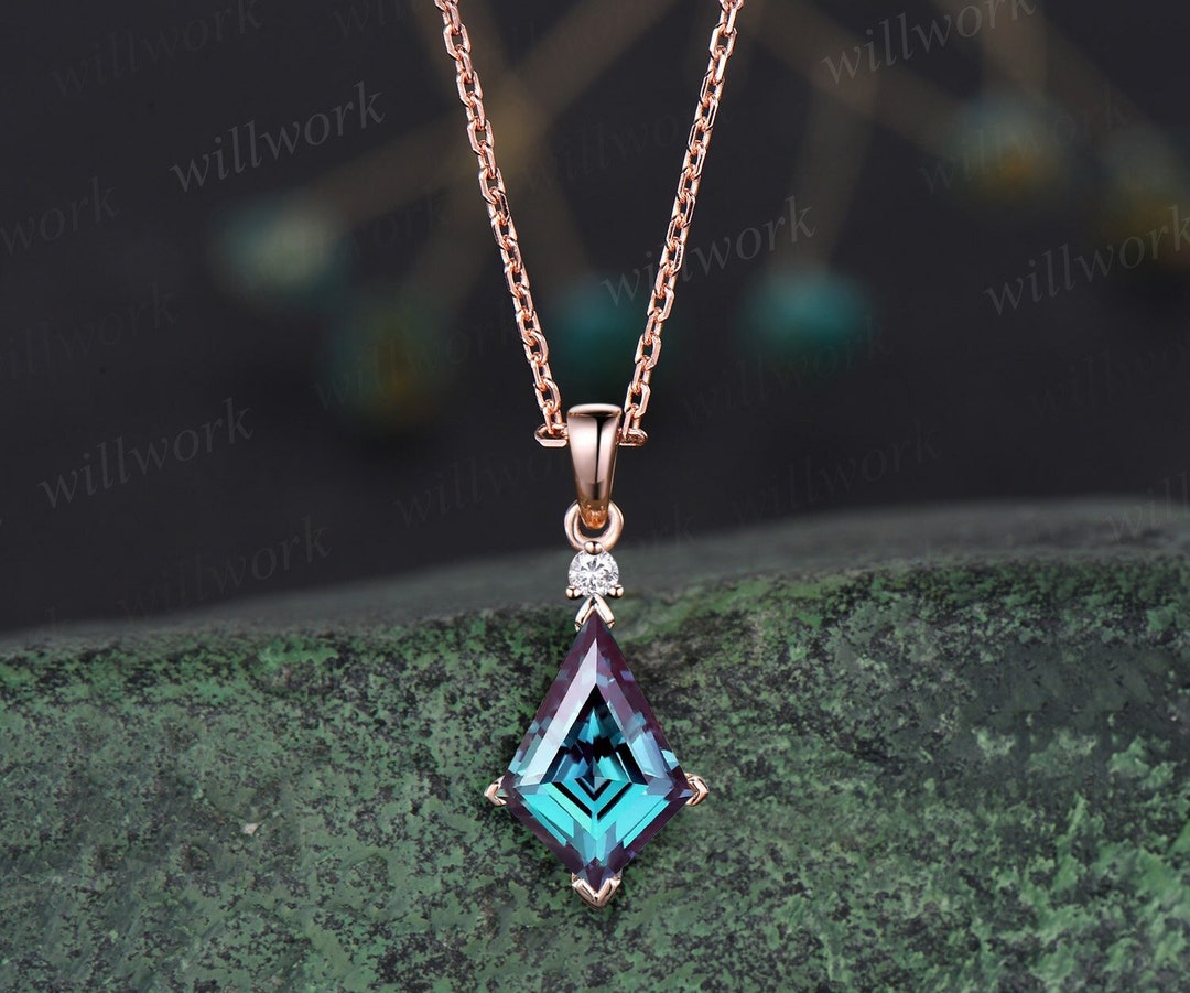 Unique Kite Cut Alexandrite Necklace 14k Rose Gold Two Stone