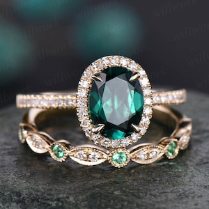 Emerald ring for women halo Milgrain art deco vintage emerald engagement ring set rose gold diamond ring set unique wedding ring set gift