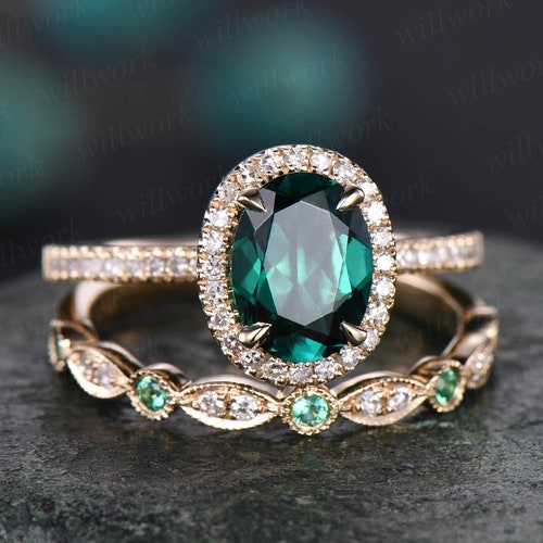 Green Emerald Engagement Ring Rose Gold Diamond Halo Ring - Etsy