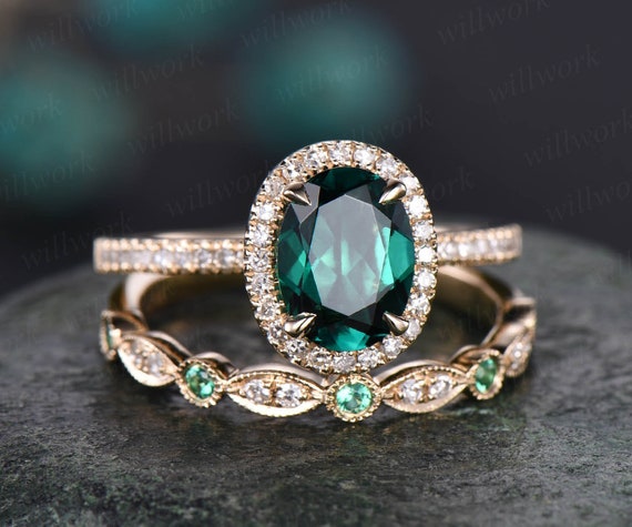 Emerald Ring for Women Halo Milgrain Art Deco Vintage Emerald | Etsy