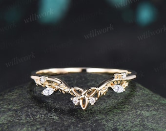 Celtic knot leaf diamond moissanite wedding band solid 14k yellow gold art deco bridal anniversary ring gift Norse Viking Jewelry