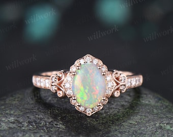 Oval natural opal engagement ring 14k rose gold halo diamond half eternity vintage wedding promise ring women jewelry