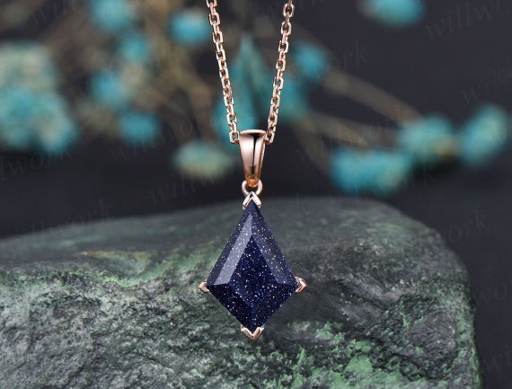 Kite Blue Sandstone Necklace Solid 14k 18k Rose Gold Vintage Unique Personalized Pendant Women Her Gemstone Anniversary Bridal Gift Mother Etsy
