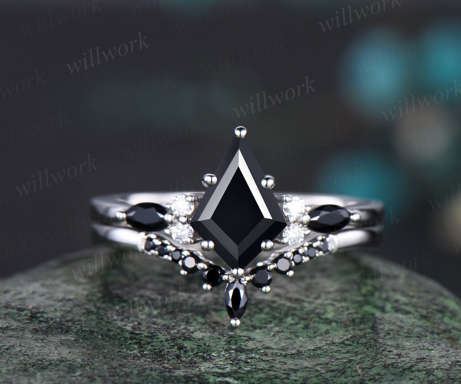 K9WG リング Vintage Kite Cut Black Onyx Engagement Ring Solid 14k White