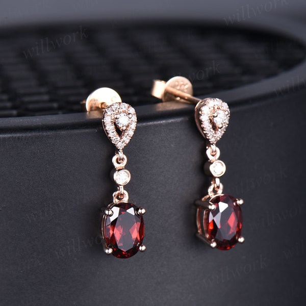 Vintage 1ct Oval Ganet Ohrringe solid 14k Rose Gold Ring echte Diamant Ohrringe Frauen Granat Schmuck Geschenk ihre Januar Geburtsstein Ohrringe