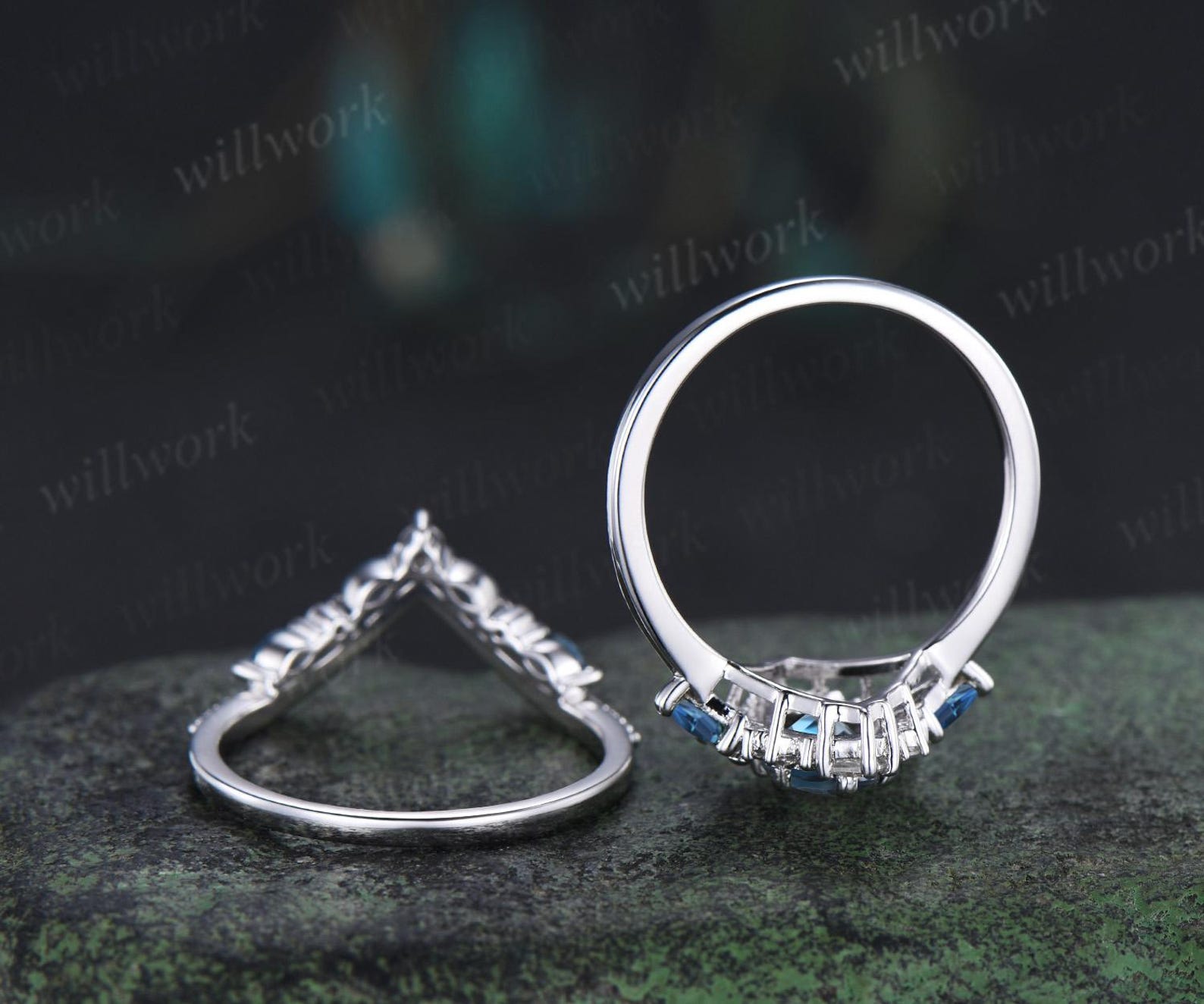 Oval London Blue Topaz Engagement Ring Set 14k White Gold Kite Princess ...