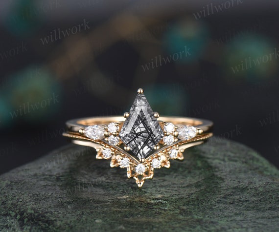 Black Rutilated Quartz engagement ring set Rhombus cut rose gold solid ring vintage diamond/moissanite ring antique bridal Anniversary ring