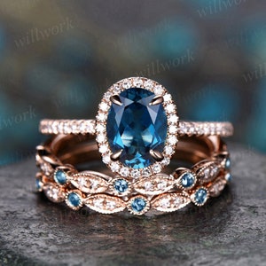 3 Stück Oval London Blauer Topas Verlobungsring 14k Roségold einzigartige Vintage Halo Diamantring Topas Ehering November Geburtsstein Ring