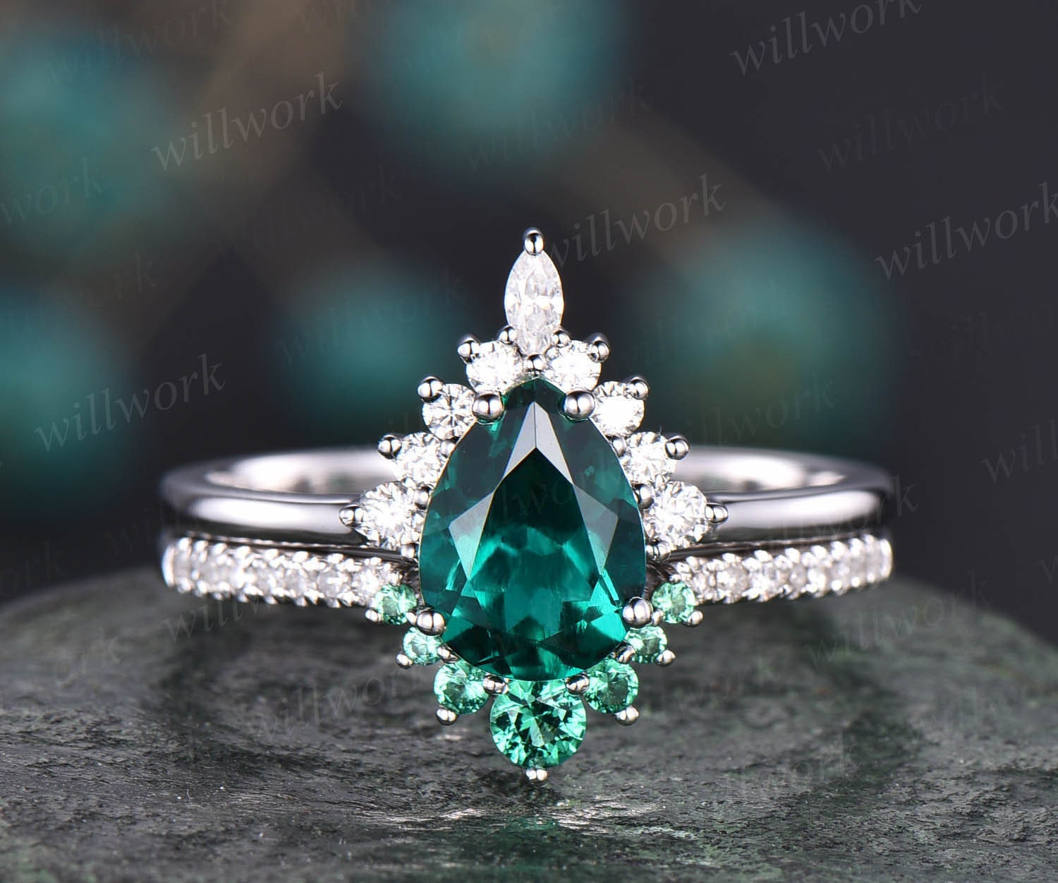 Rose Gold Ring Set Emerald Bridal Set 2pcs Pear Cut Emerald - Etsy Canada