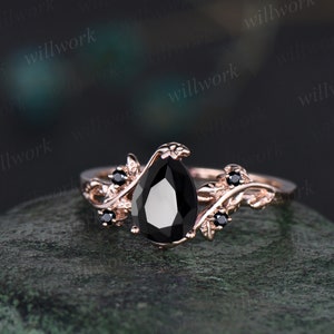 Pear black Onyx ring vintage art deco five stone black spinel ring twig leaf unique engagement ring women rose gold anniversary ring gift image 2