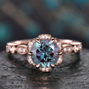 Unique round cut Alexandrite engagement ring rose gold art deco 6 prong Milgrain under halo diamond ring vintage promise wedding ring women