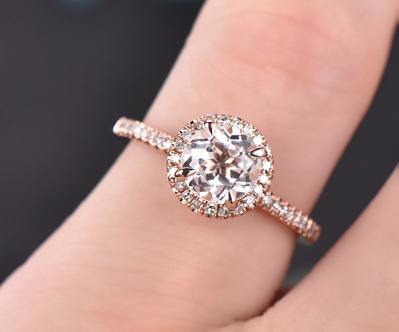 White Topaz Engagement Ring 14k Rose Gold Diamond Halo Ring Etsy