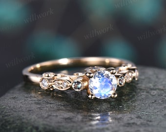 Round moonstone ring vintage moonstone engagement ring Alexandrite ring diamond ring for women yellow gold jewelry June birthstone ring gift