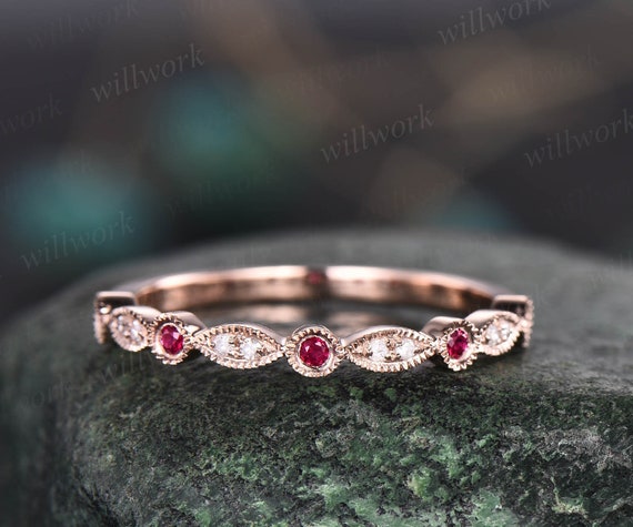 Wave Mens Wedding Band in Platinum Diamond and Ruby Ring