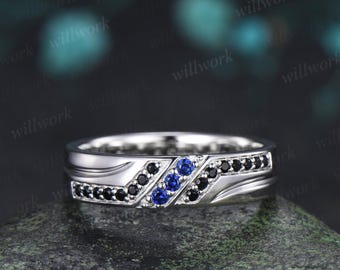 Unique mens sapphire wedding band 14k white gold black spinel mens handsome man rings matching band gift