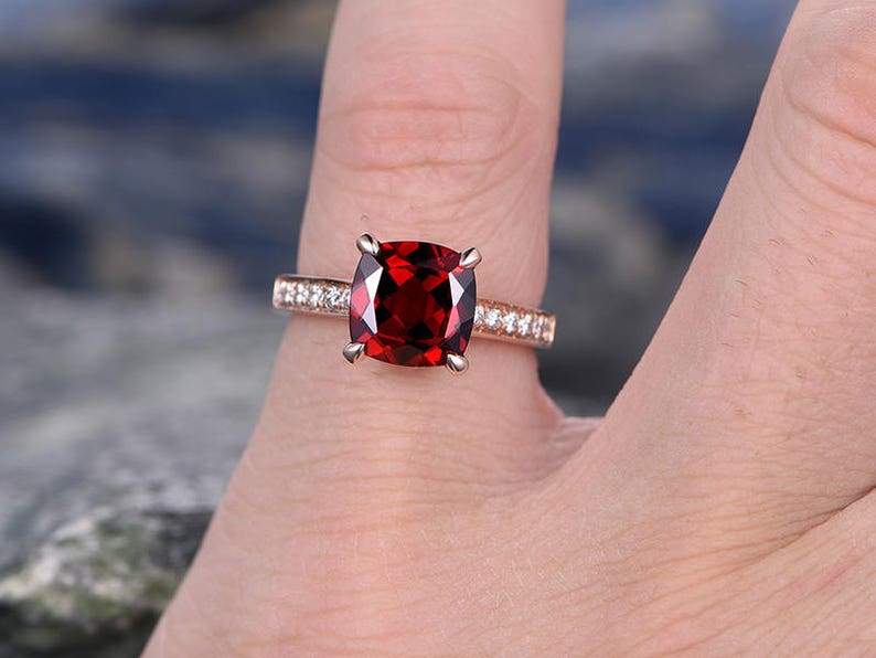 Red Garnet engagement ring-14k Rose gold-handmade diamond bridal ring-Classic Design-8mm Cushion Cut gemstone promise ring-Bezel Gold