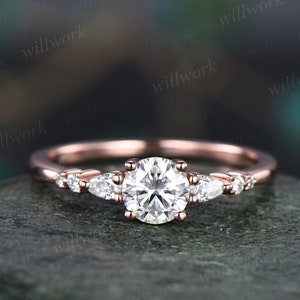 Round moissanite ring vintage moissanite engagement ring 14k white gold dainty minimalist pear diamond ring promise wedding ring women gifts image 4