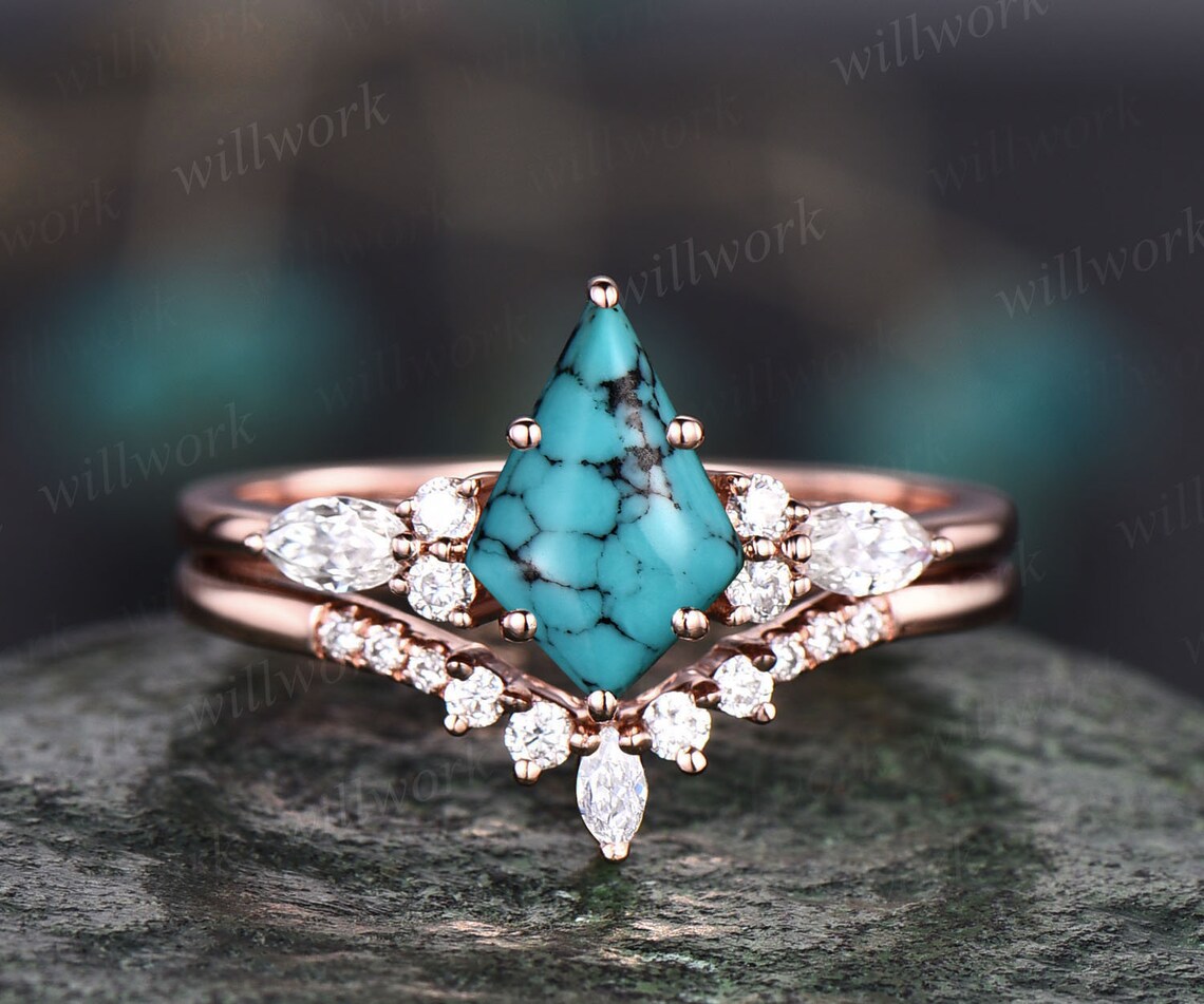 Vintage kite cut natural Turquoise engagement ring set 14k rose gold marquise cut diamond ring for women unique bridal wedding ring set gift image 1