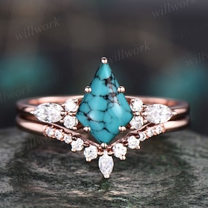 Vintage kite cut natural Turquoise engagement ring set 14k rose gold marquise cut diamond ring for women unique bridal wedding ring set gift