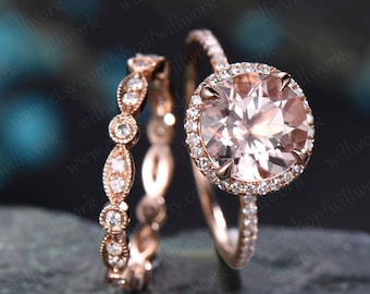 ONLY THE Morganite engagement ring rose gold handmade solid 14k rose gold real diamond ring 8mm round Cut gemstone promise halo bridal Ring