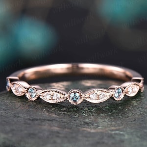 Alexandrite wedding band half eternity bezel milgrain diamond wedding ring band women 14k rose gold vintage art deco anniversary ring gifts