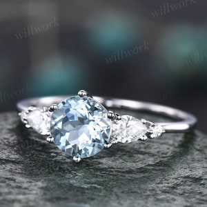 Unique round cut aquamarine engagement ring five stone moissannite ring for women minimalist personalized March birthstone ring gold silver
