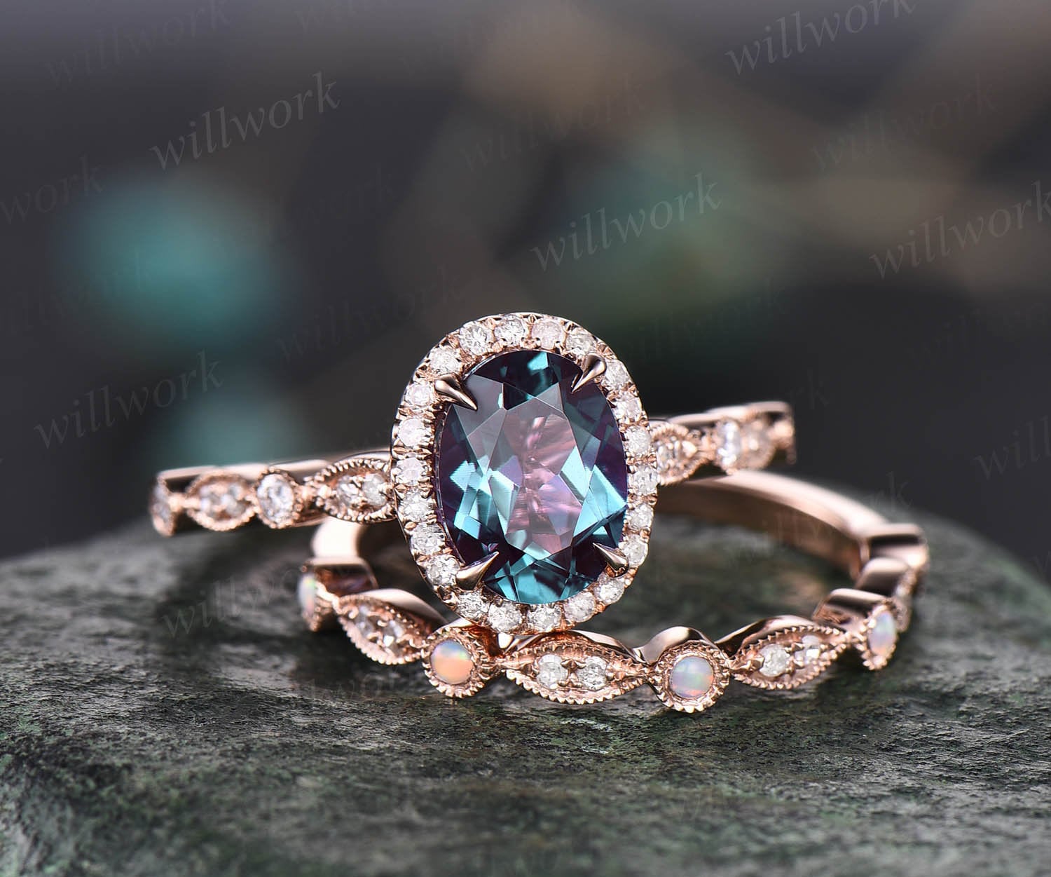 Unique Vintage Oval Alexandrite Engagement Ring Set Art Deco - Etsy