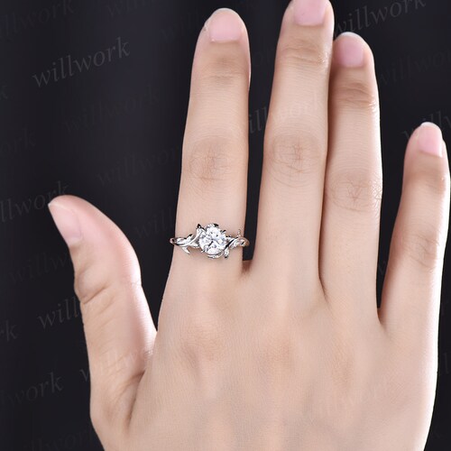 Vintage moissanite engagement ring for women rose gold art shops deco leaf flower ring unique solitaire bridal ring round cut ring wedding ring