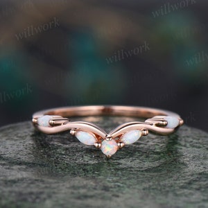 Vintage Curved moonstone opal wedding band 14k rose gold art deco stacking wedding ring band women birthstone anniversary ring gift