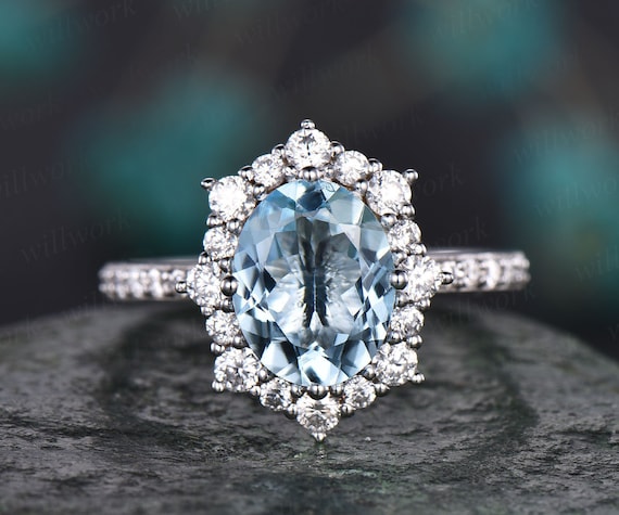 7x9mm Oval Cut Aquamarine Engagement Ring Vintage Unique Cluster