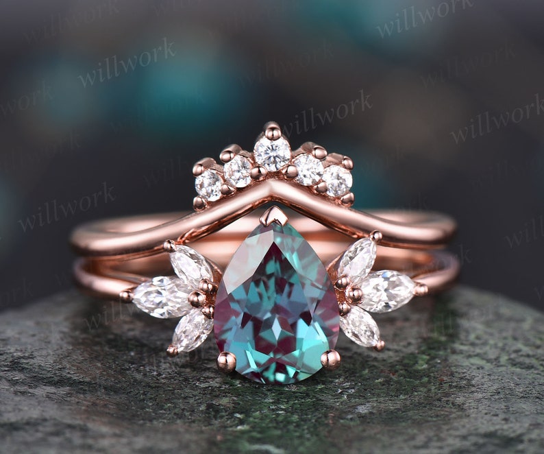 Päronformad Alexandritringset för kvinnor vintage Alexandrit förlovningsringset unik jubileumsringset marquise moissanitringset present bild 5