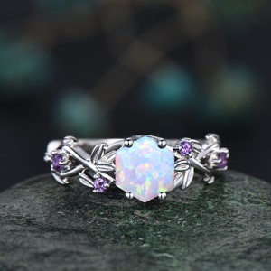 Twig opal ring vintage hexagon cut white opal engagement ring white gold leaf amethyst ring women October birthstone ring anniversary ring image 4