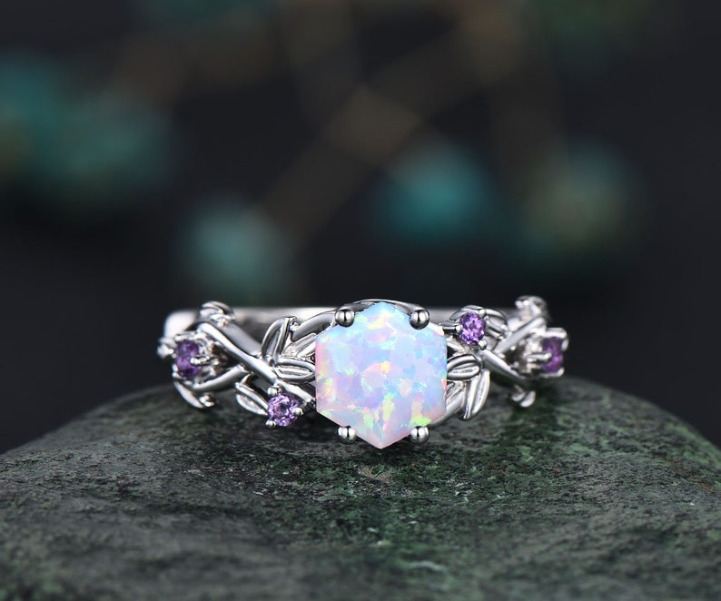 Twig opal ring vintage hexagon cut white opal engagement ring white gold leaf amethyst ring women October birthstone ring anniversary ring image 4