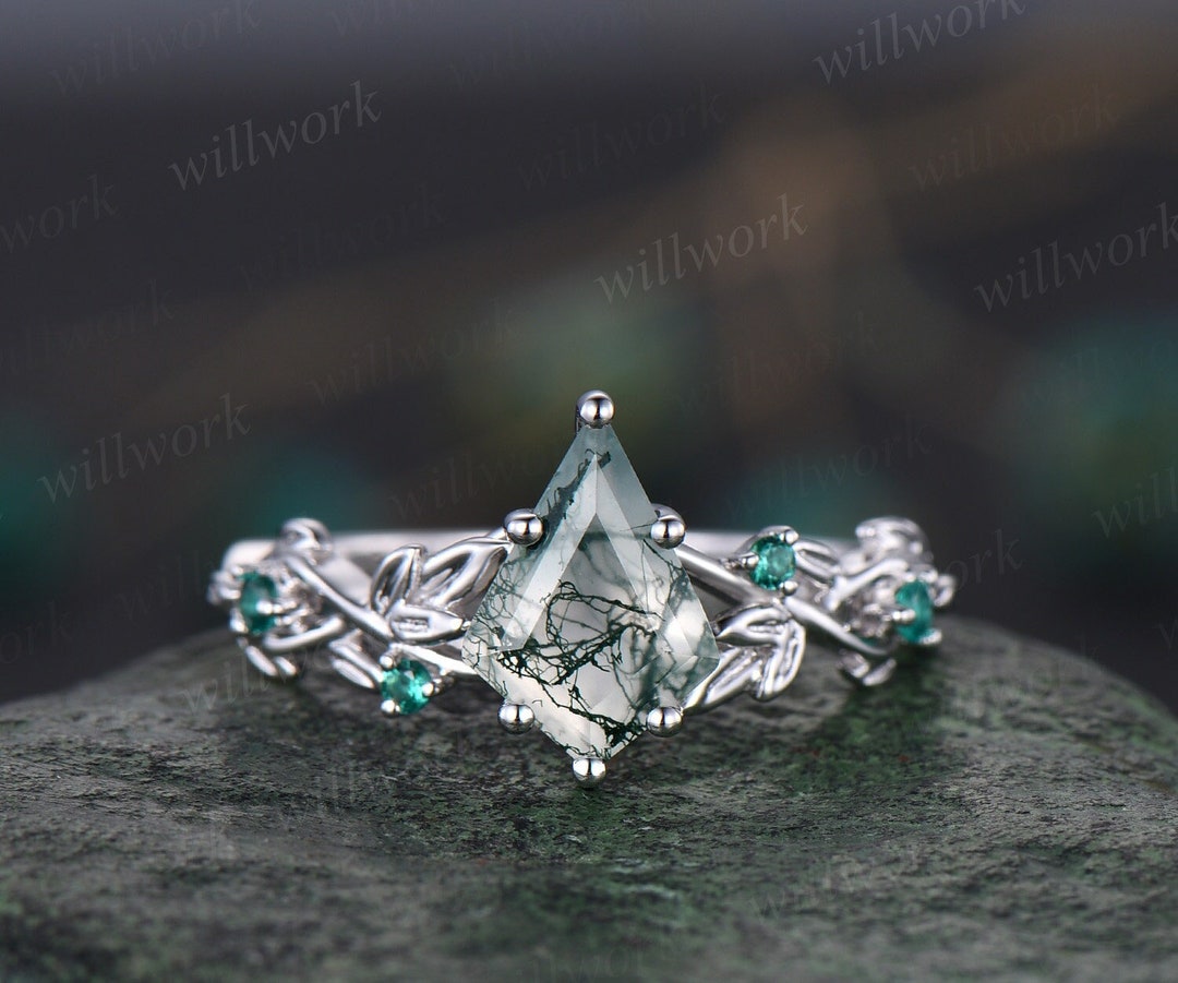 Twig Moss Agate Ring Vintage Kite Cut Moss Agate Engagement Ring Nature ...