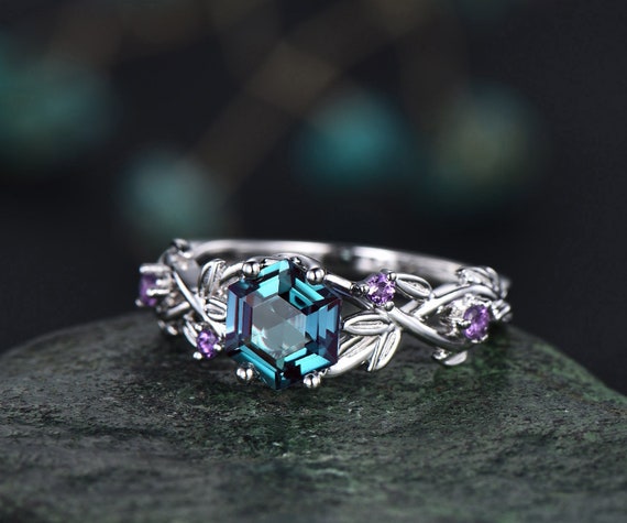 Twig Alexandrite Ring Vintage Hexagon Cut Alexandrite Engagement Ring White  Gold Leaf Amethyst Ring June Birthstone Ring Anniversary Ring - Etsy