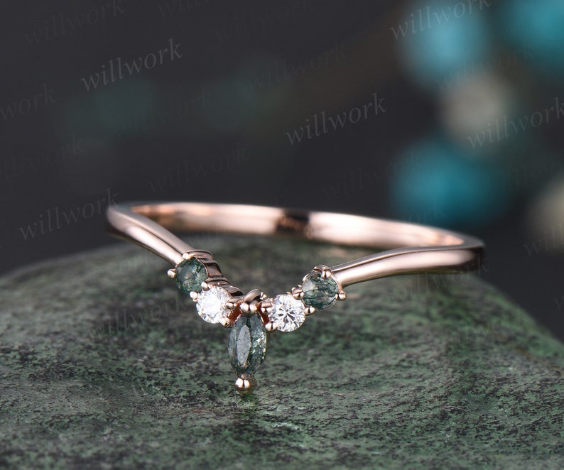 Curved moss agate wedding band solid 14k rose gold matching stacking moissanite wedding ring band women anniversary ring gift image 3