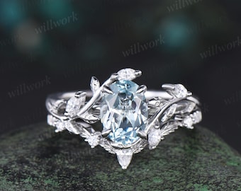 Vintage Oval Cut Aquamarine Engagement Ring 14k White Gold Leaf